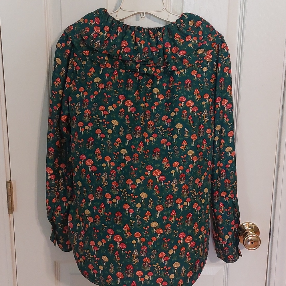 J. Crew Green Silk Mushroom Ruffle-Neck Blouse - Picture 6 of 7